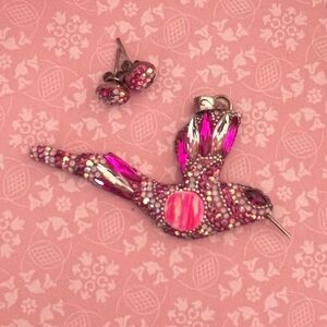Pink Crystals and Stero Silver .925 Hummingbird Brooch and Earring Set